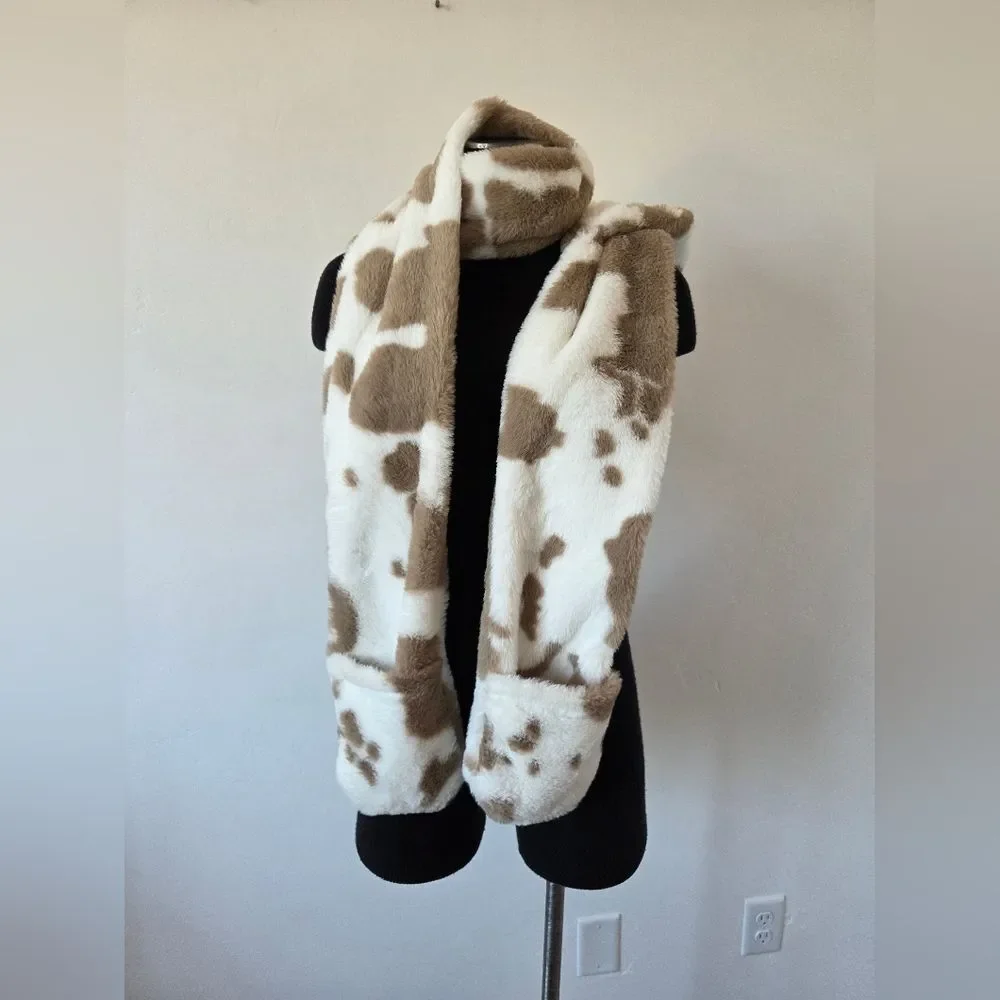 Ultra Soft Cow Print Hat Scarf Mitten Attached Furry Hood Ears Puppy Snow Bunny